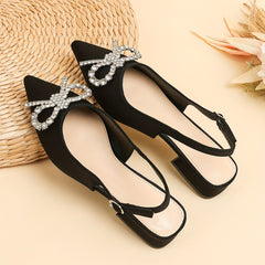 Rhinestone Bow Low Heel Slingback Sandals