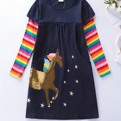 Girls' Unicorn Applique Rainbow Long Sleeve Dress For Party Vacation