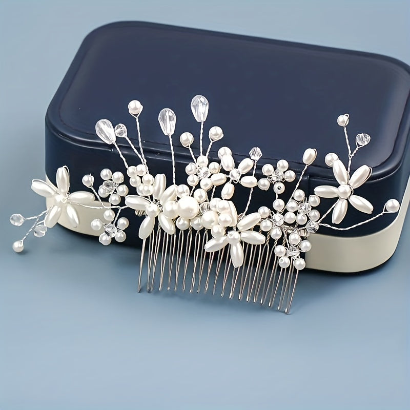 Bride Silver Wedding Hair Comb Hair Pieces Clip Pearl Rhinestones Crystal