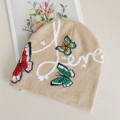 Butterfly Jacquard Beanie Khaki Soft Elastic Knit Hats For Women