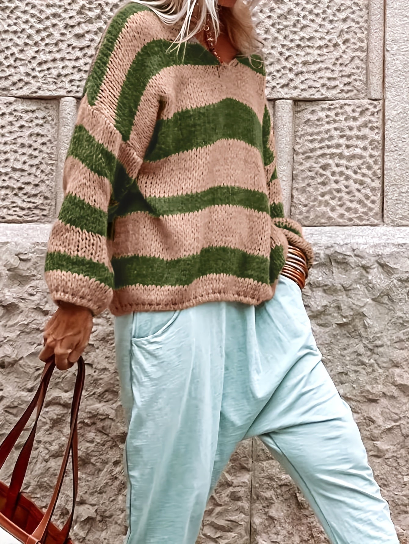 V-Neck Striped Sweater Long Sleeve Loose Jumper