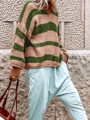 V-Neck Striped Sweater Long Sleeve Loose Jumper