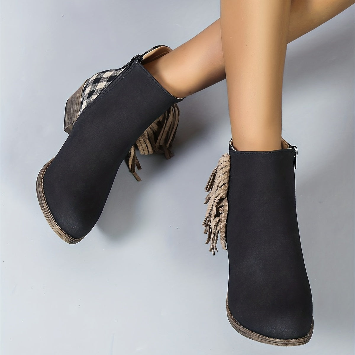 Women's Plaid Ankle Boots Tassel Round Toe Side Zipper Low Heel Short Boots