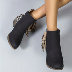 Women's Plaid Ankle Boots Tassel Round Toe Side Zipper Low Heel Short Boots