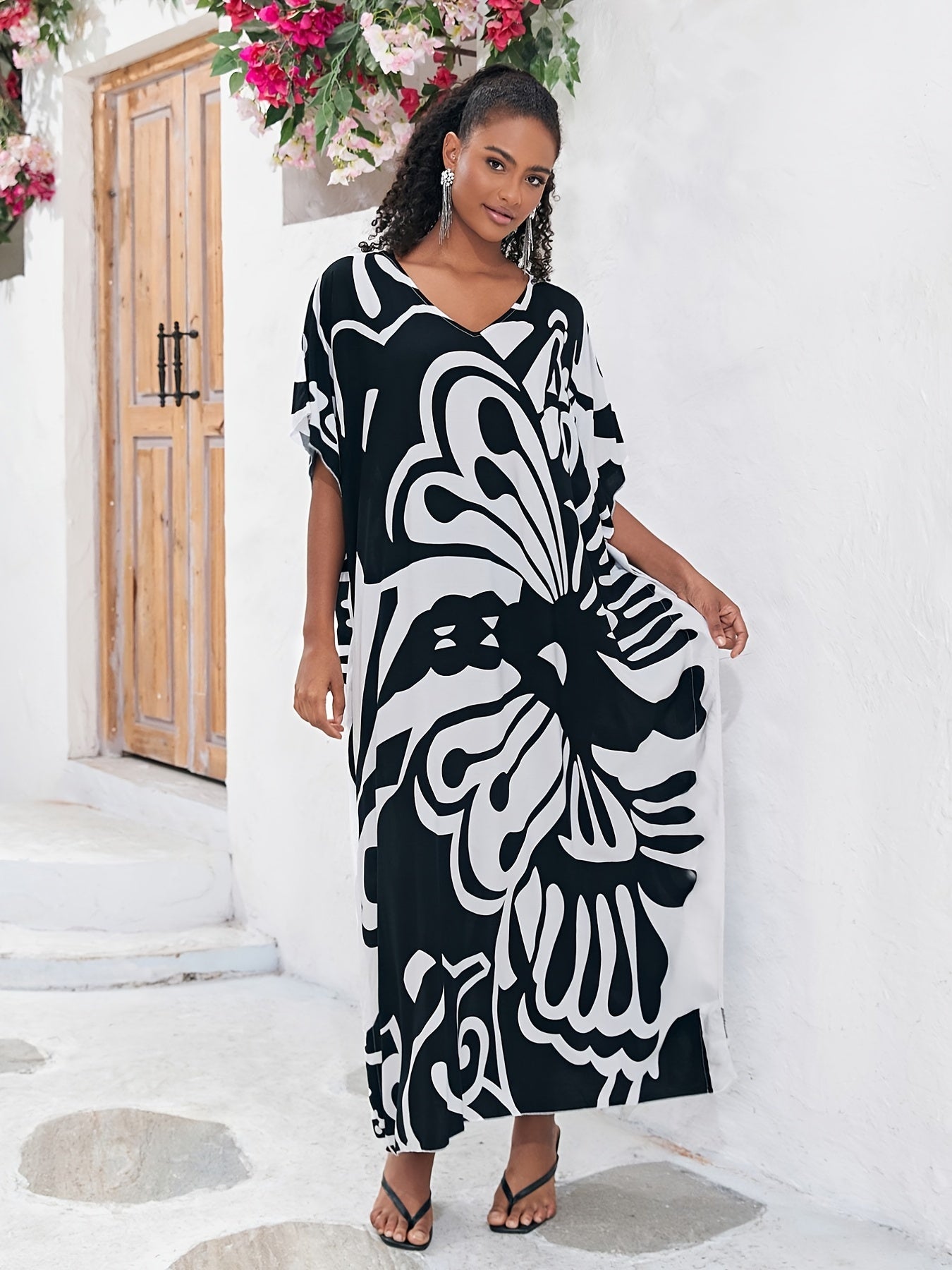 Plus Size Boho Kaftan Dress Women's Plus Butterfly Print V Neck Beachwear Maxi