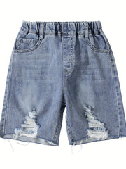 Boys' Ripped Denim Shorts Elastic Waist Cotton Shorts