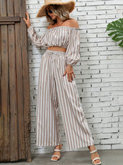 Striped Off Shoulder Crop Tops & Wide Leg Pants Set