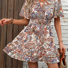 Paisley Print Layered Shirred Waist Dress Boho Short Sleeve Dress