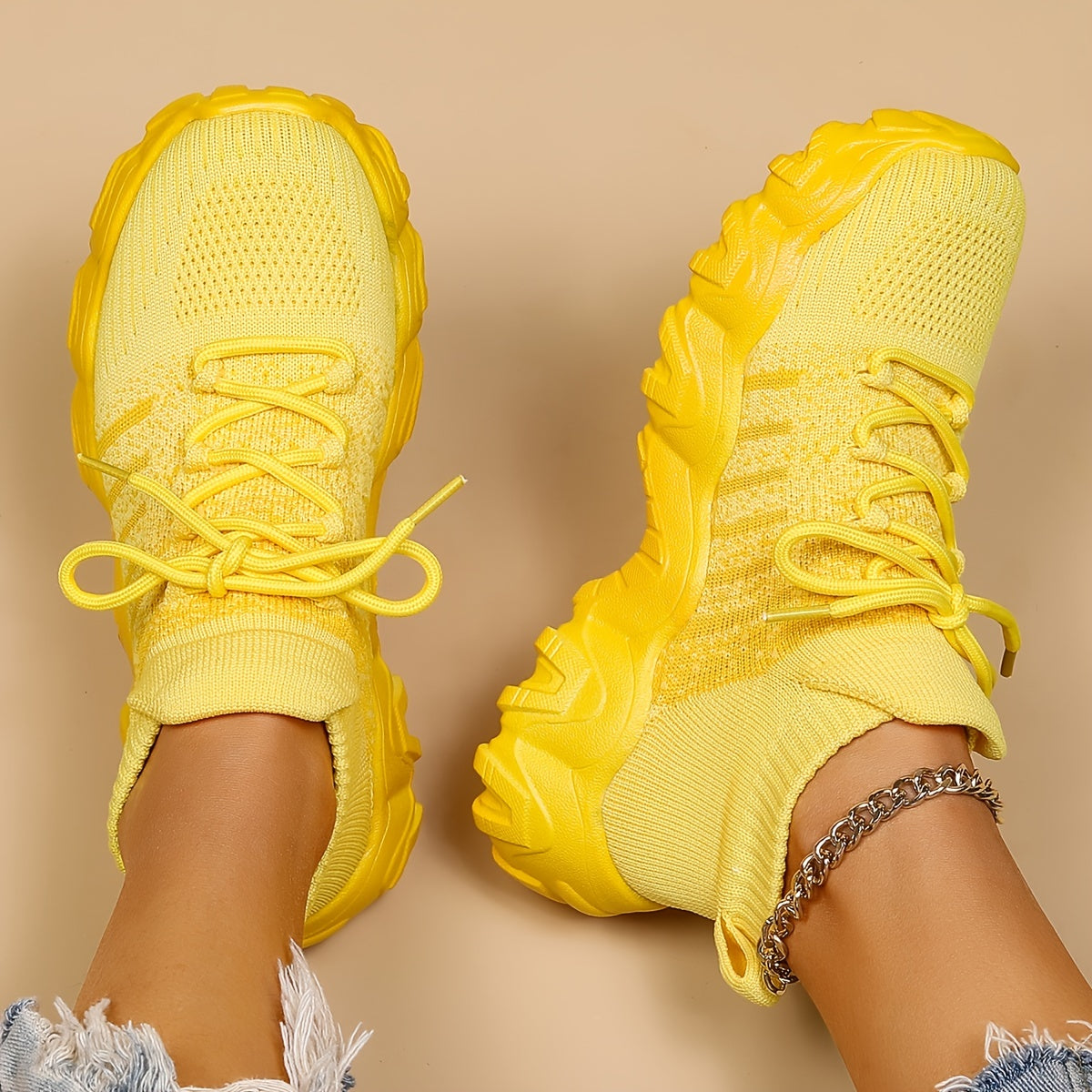 Yellow Knit Sneakers Breathable Comfortable Low Top Running Shoes
