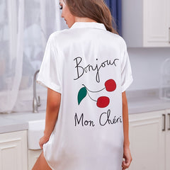 Women Satin Pajamas Dress Button Down Loungewear with Letter Pattern