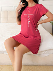 Comfy Letter Print Pajama Dress Crew Neck Nightgown Women's Loungewear