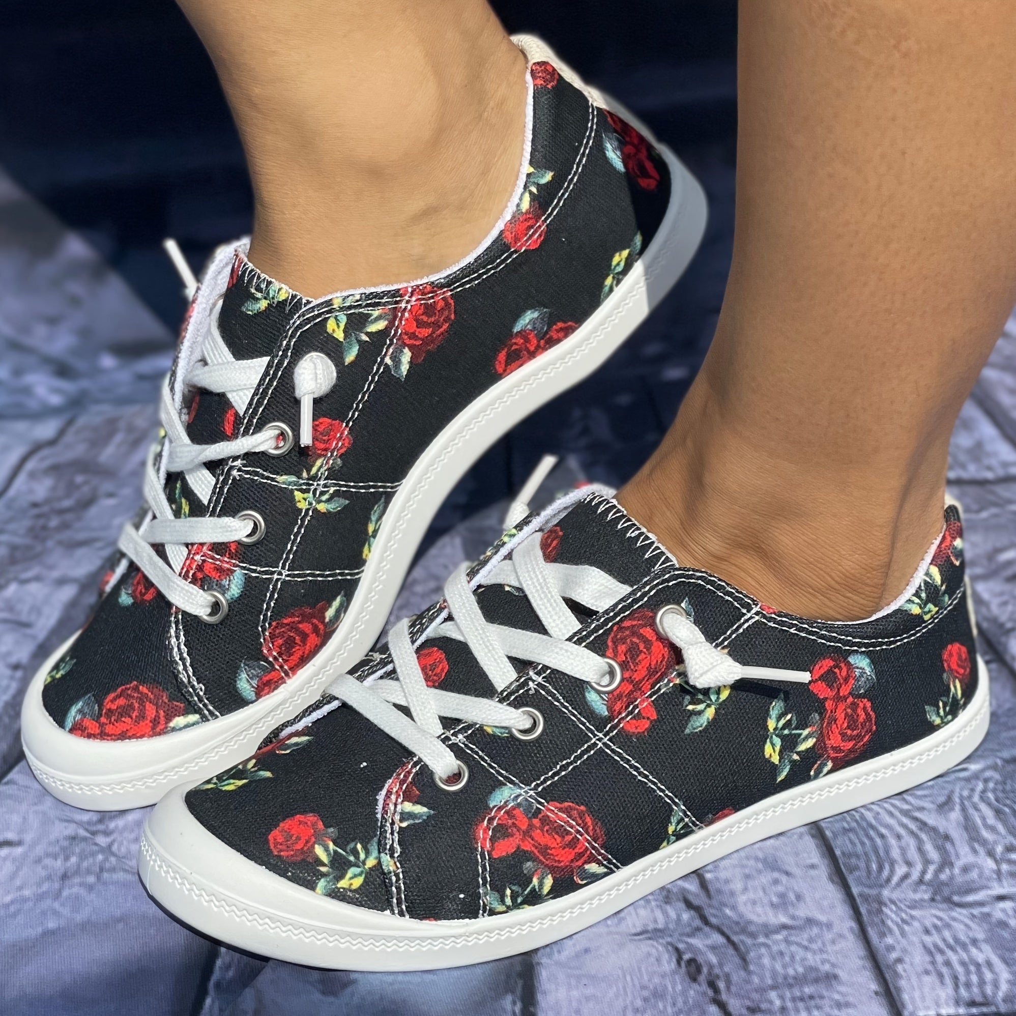 Red Rose Skateboard Shoes for Women Lightweight Casual Slip On Shoes