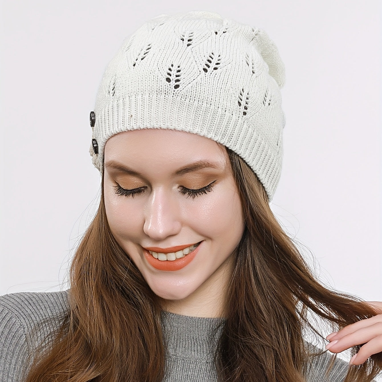 Women's Hollow Knit Beanie Hat Button Decor Warm Cap