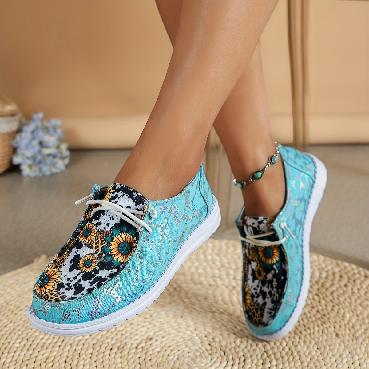 Women's Sunflower Patchwork Flat Shoes Lace Up