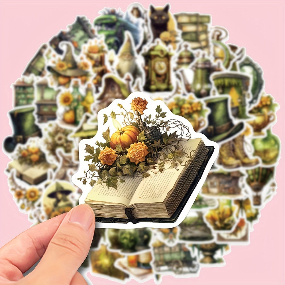 50pcs Retro Forest Magic Book Mushroom Stickers - Waterproof
