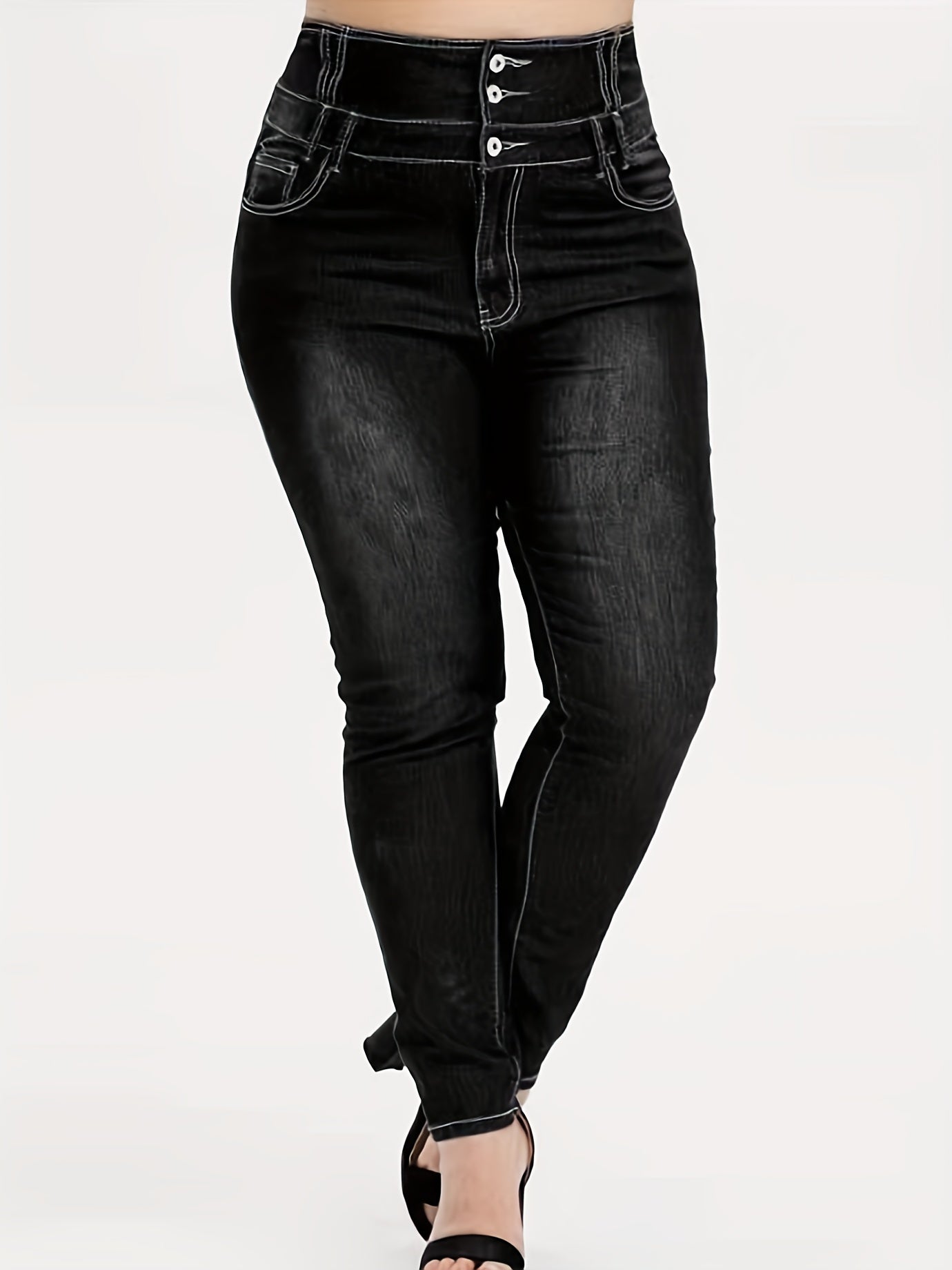 High Rise Button Fly Skinny Jeans Women's Plus Medium Stretch
