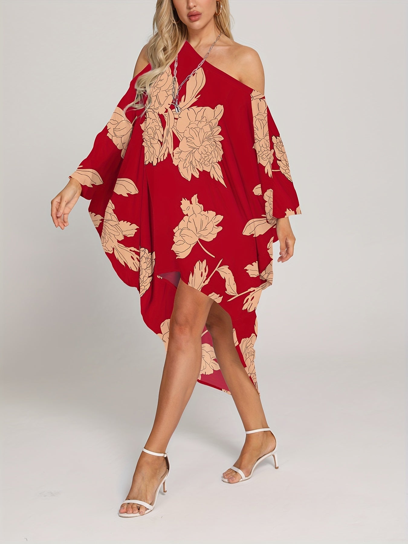 Floral Print Cover Up Dress One Shoulder Asymmetrical Rash Guard Kaftan