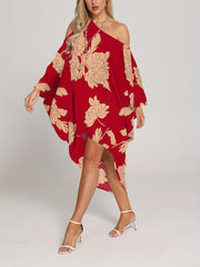 Floral Print Cover Up Dress One Shoulder Asymmetrical Rash Guard Kaftan