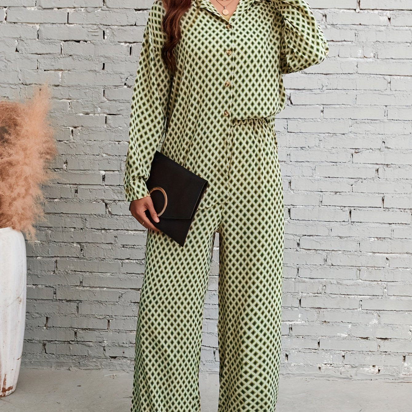 Plaid Print Two Piece Set Shirt & Pants Outfits Women's Clothing