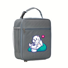 Cat Print Bento Bag Insulated Lunch Box Zipper Closure Large Capacity
