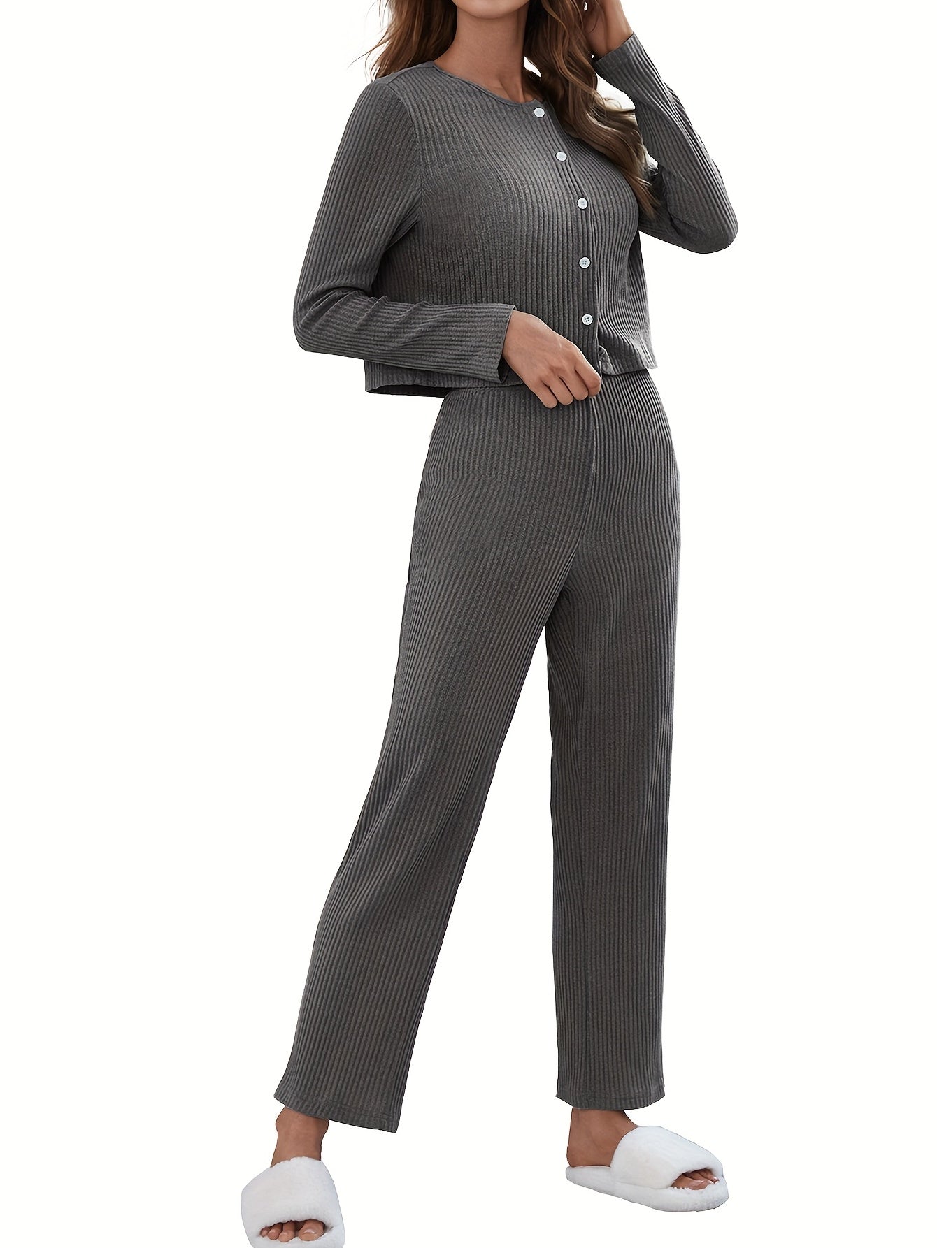 Ribbed 3pc Set Button Cardigan & Cami Top & Pants Outfit