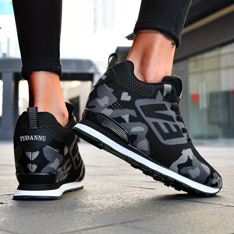 Women's Camo Sports Shoes Knitted Lace Up Height Increasing Walking Sneakers