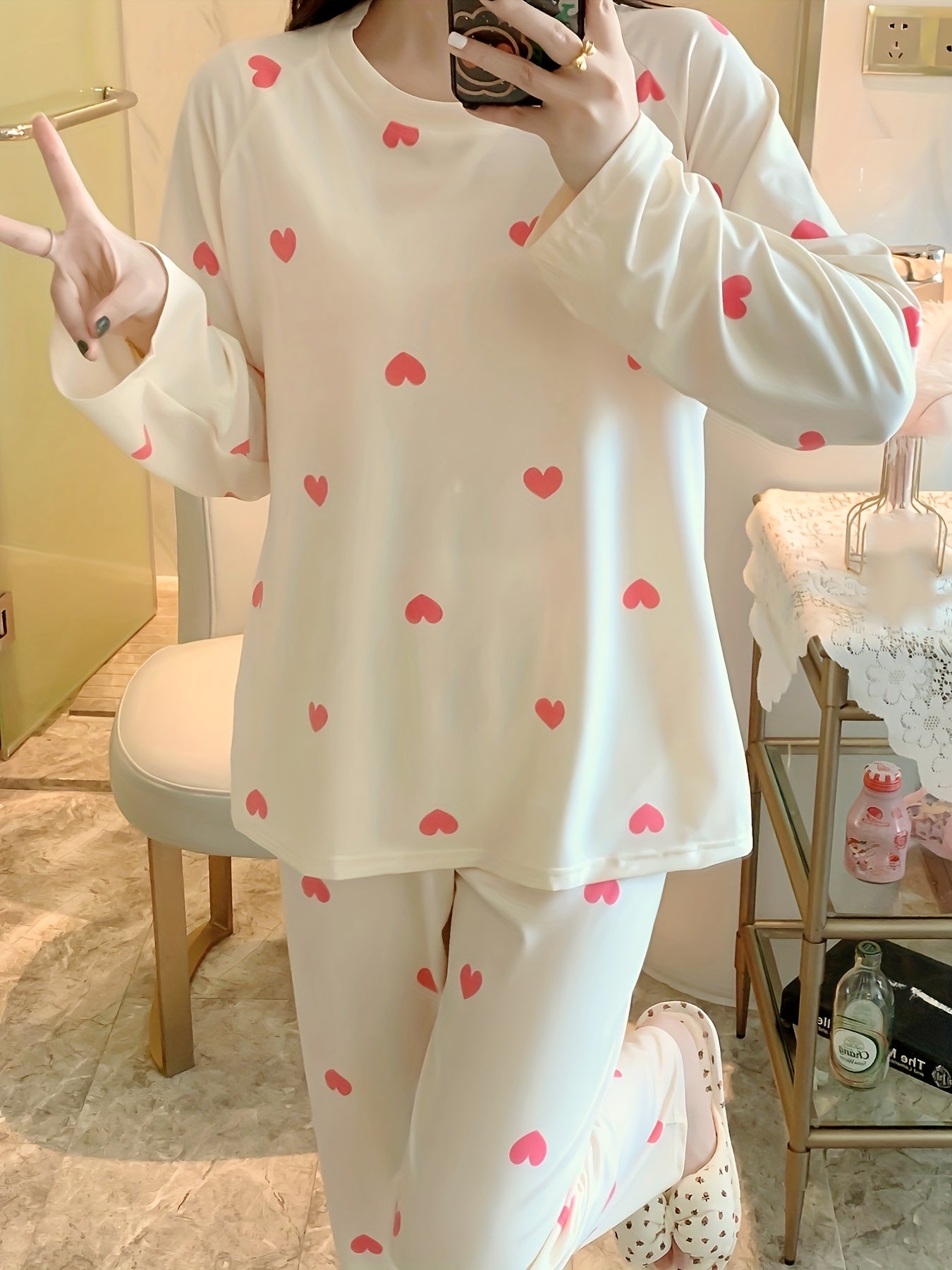 Heart Print Long Sleeve Pajama Set Women's Sleepwear & Loungewear