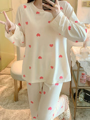 Heart Print Long Sleeve Pajama Set Women's Sleepwear & Loungewear