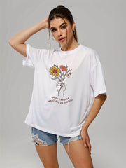 Finger Flower Letter Print Casual T shirts Women's Graphic Tee