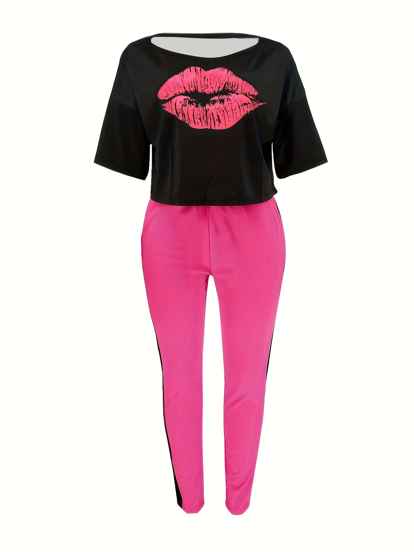 Women's Plus Lip Print Tee & Colorblock Pants Outfits Two Piece Set