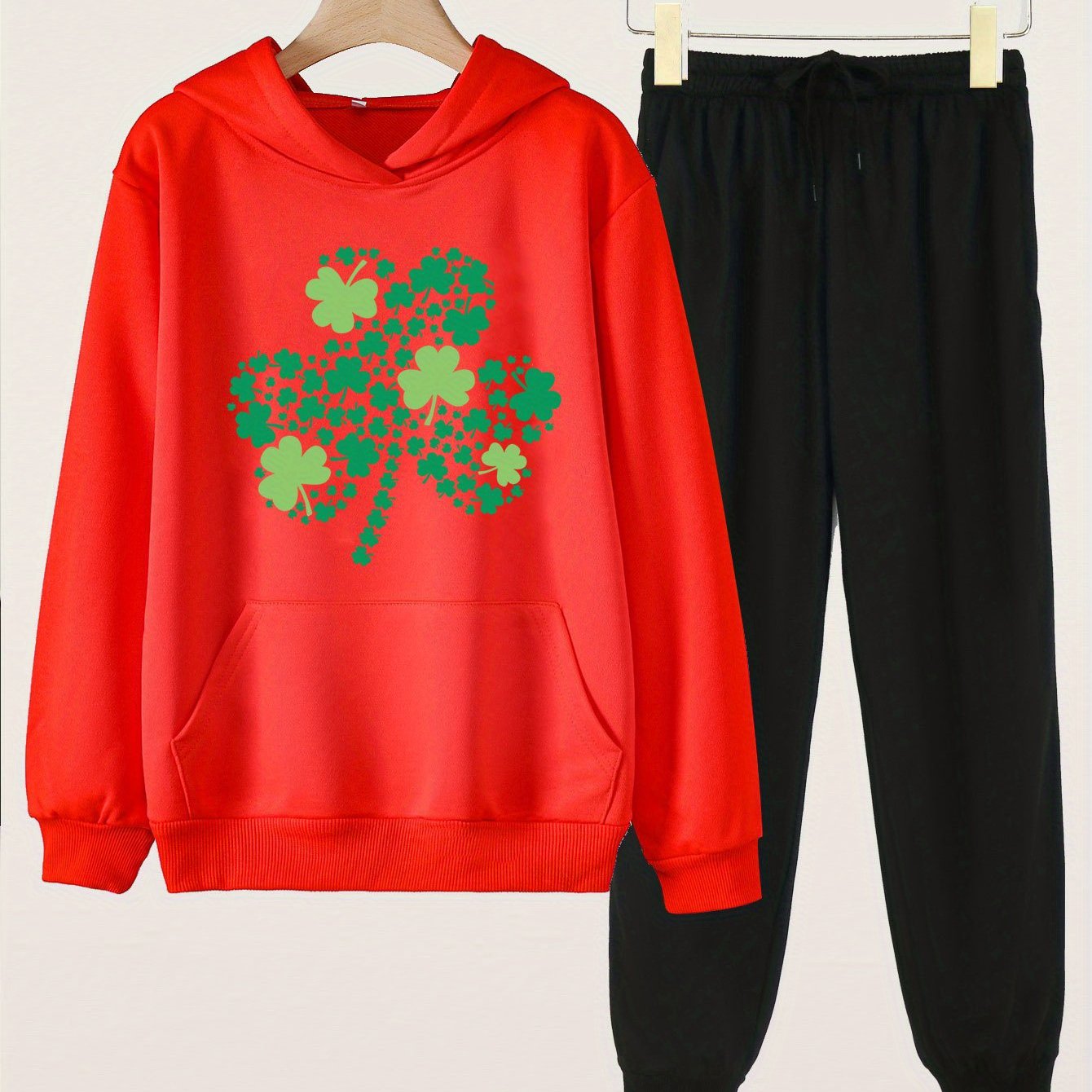 Clover Graphic Girls Hoodie Jogger Pants Set for Spring Fall