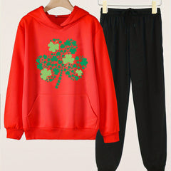 Clover Graphic Girls Hoodie Jogger Pants Set for Spring Fall