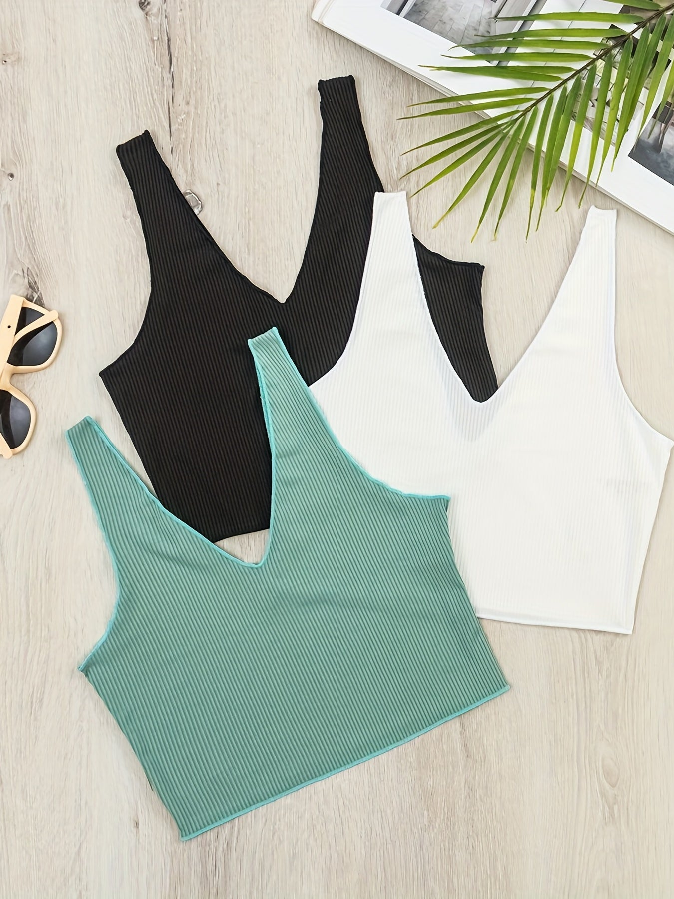 3pcs Ribbed Tank Tops V Neck Sleeveless Women's Lingerie