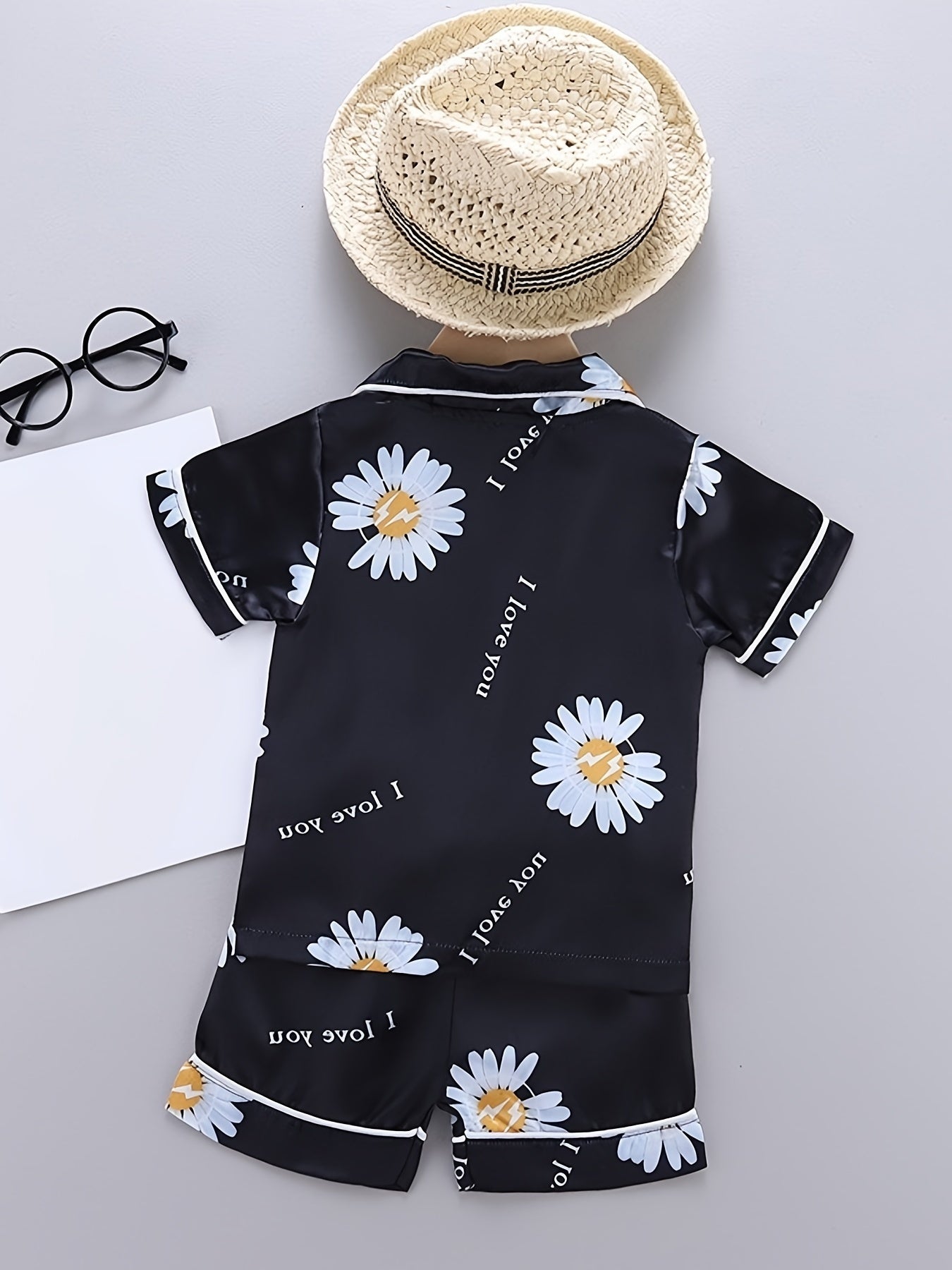 2pcs Toddler Girls Daisy & Letter Pajama Set Short Sleeve Top & Shorts