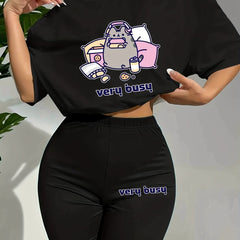 Cartoon Print Lounge Set Short Sleeve Top & Shorts