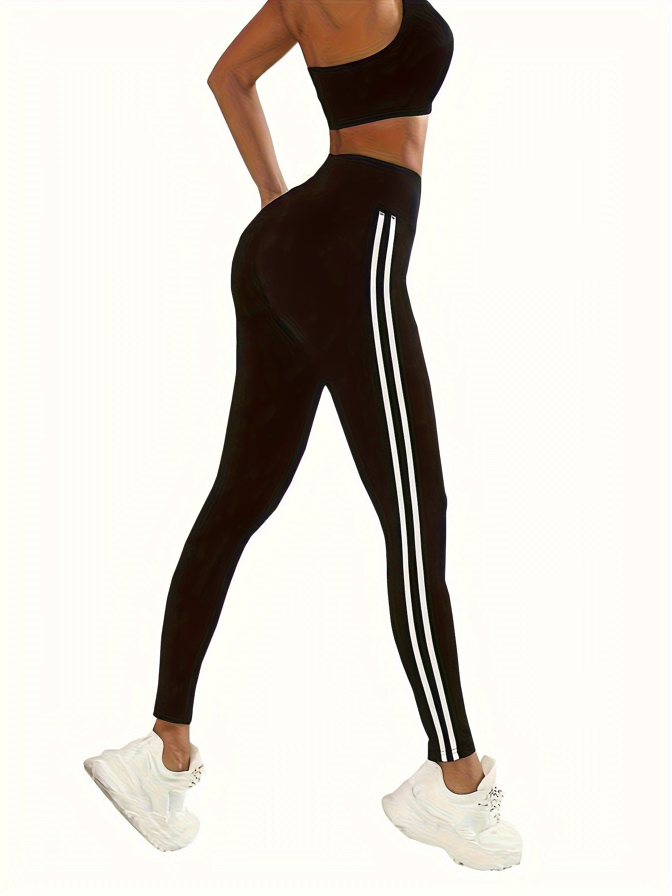 High Waist Sports Leggings with Striped Side - Women's Activewear