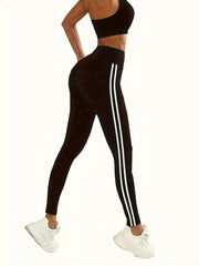 High Waist Sports Leggings with Striped Side - Women's Activewear