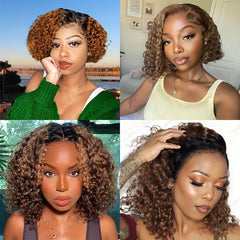 Short Curly Bob Human Hair Wig Honey Blonde 4x4 Lace Closure Wig