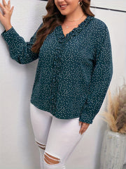 Blouse Women's Plus Dot Print Long Sleeve Ruffle Trim V Neck Top