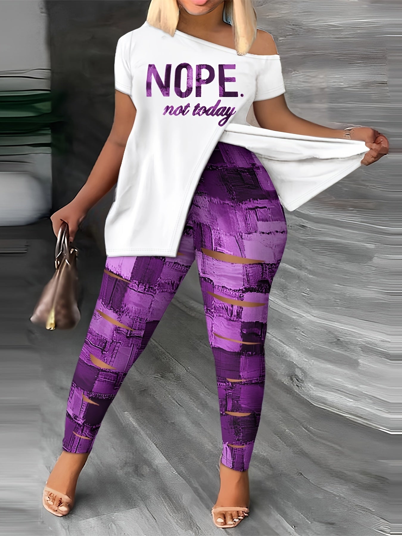 Denim Slogan Print One Shoulder Split Tee & Cut Out Leggings Set