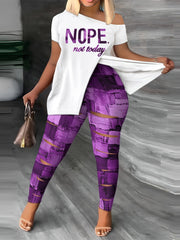 Denim Slogan Print One Shoulder Split Tee & Cut Out Leggings Set