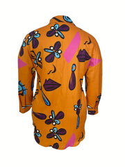 Abstract Face Print Long Sleeve Shirt Dress