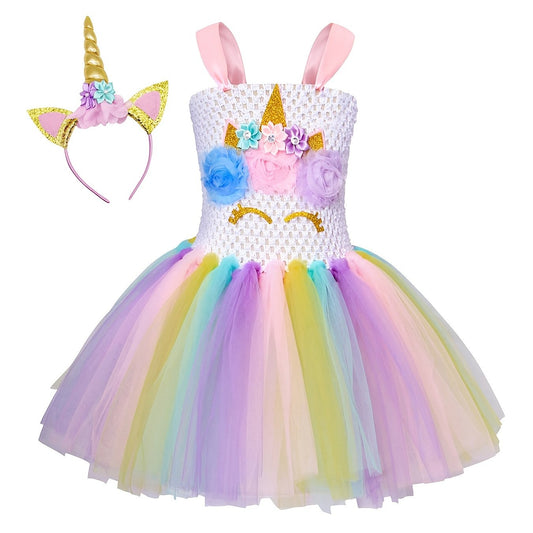 Unicorn Flowers Tutu Puffy Dress & Sequin Headband Set for Kids