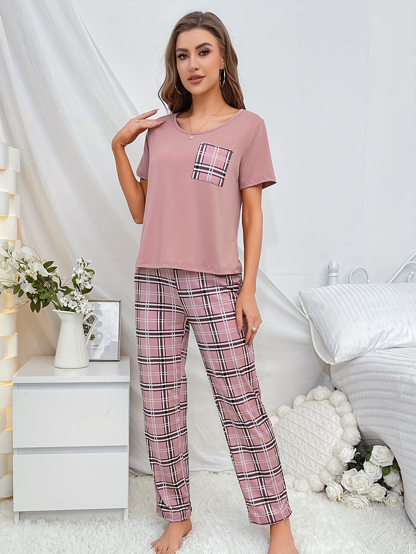 Plaid Print Pajama Set Short Sleeve Crew Neck Top & Elastic Waistband Pants