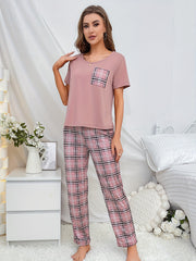 Plaid Print Pajama Set Short Sleeve Crew Neck Top & Elastic Waistband Pants