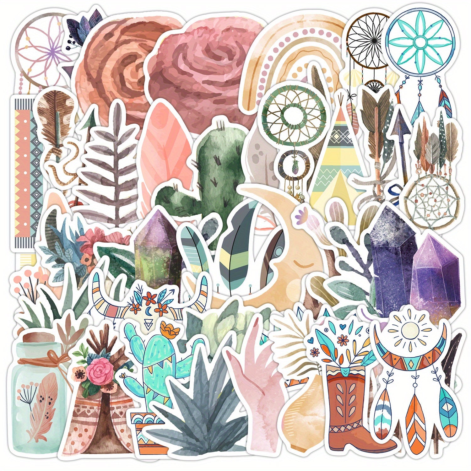 50 Boho Waterproof Vinyl Stickers Cacti Vibrant Patterns Whimsical Colors