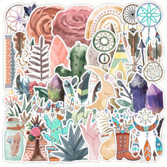 50 Boho Waterproof Vinyl Stickers Cacti Vibrant Patterns Whimsical Colors