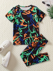 Girls Sports Suit Random Print Round Neck Short Sleeve Top And Pants Set