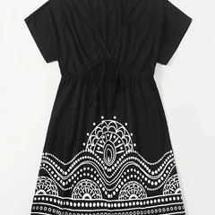 Women's Graphic Print Short Sleeve V Neck Knot Dress