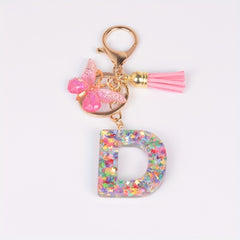 Resin Initial Letter Keychain Butterfly Pendant Glitter Animal Key Ring